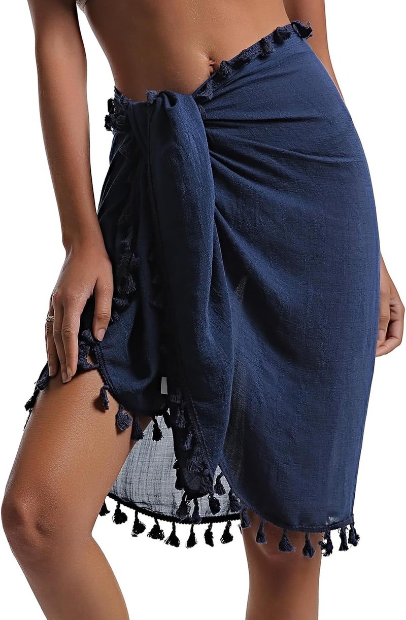 Eicolorte Store Beach Sarong Pareo Womens Semi-Sheer Swimwear Cover Ups Short Skirt with Tassels - Image 2